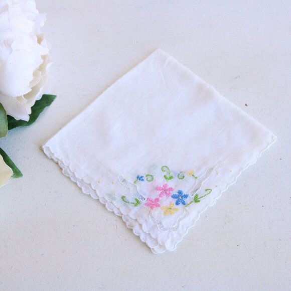 Vintage Handkerchief, Pink Blue and Yellow Flower Embroidery on White Cotton - Picture 1 of 10